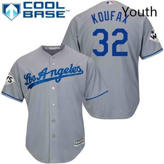 Youth Majestic Los Angeles Dodgers 32 Sandy Koufax Authentic Grey Road 2017 World Series Bound Cool Base MLB Jersey